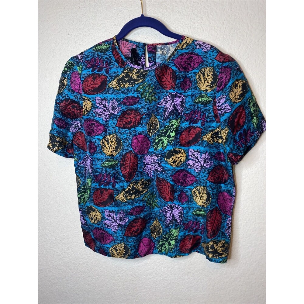 gorgeous Silk women shirt Leaf Art retro Keyhole fairy y2k 90s gypsy Vintage M